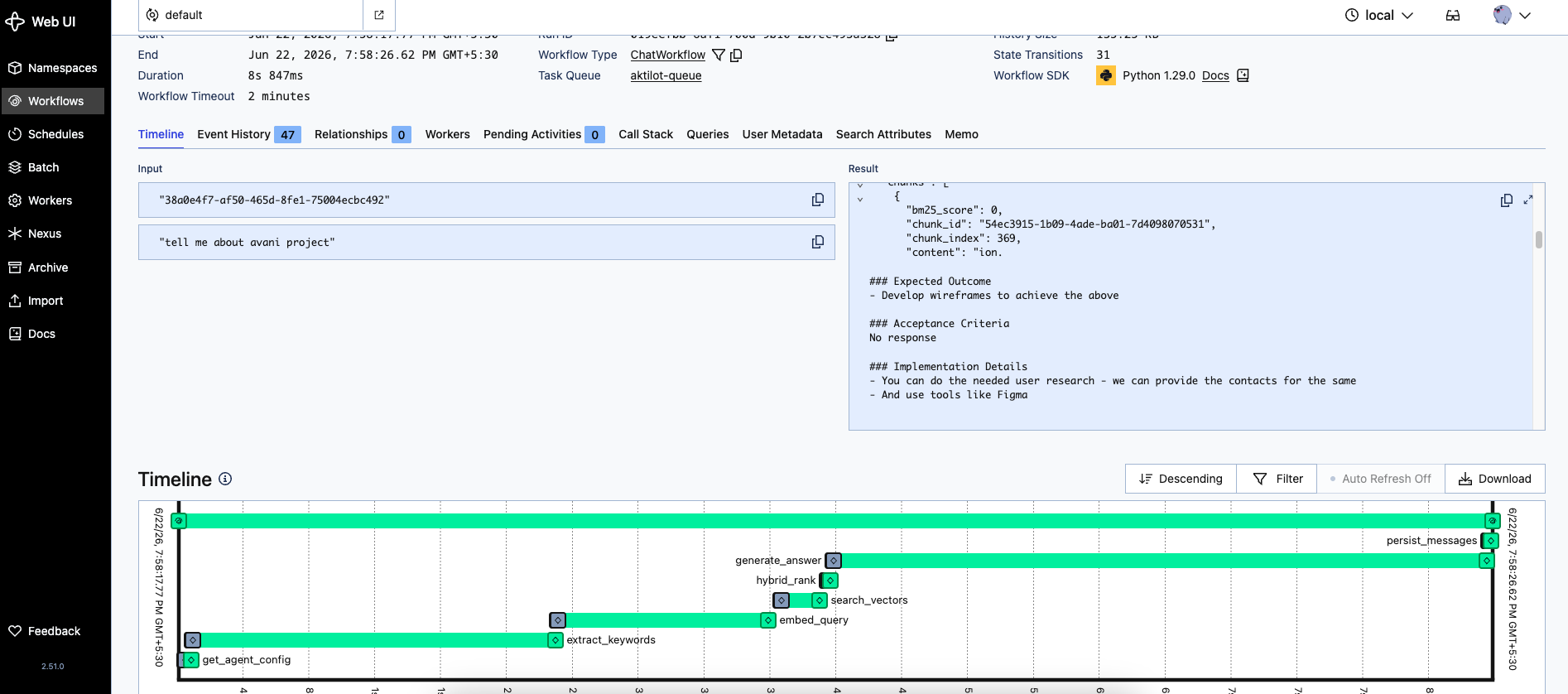 Temporal UI showing the full ChatWorkflow activity trace: keyword extraction, embedding, vector search, hybrid ranking, and answer generation